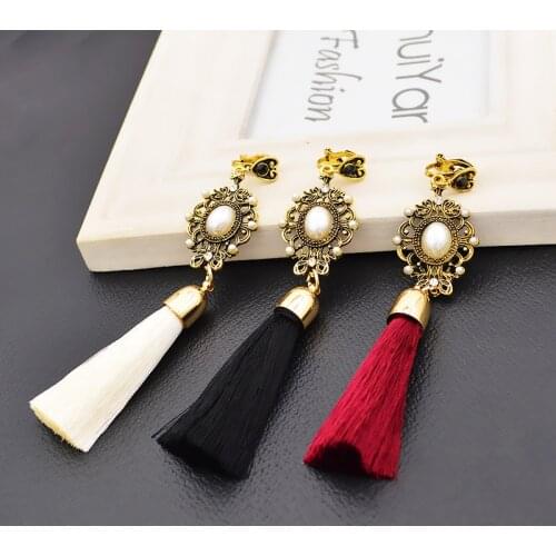 Long Drop Dangle Fringe Earrings Vintage Hollow Carved Flower Pearl Tassel Ear Clips Boho Statement Clip on Earrings No Pierced