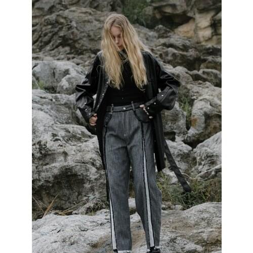 IRINACH269 FALL WINTER 2020 COLLECTION oversized long black PU leather shirt trench coat women