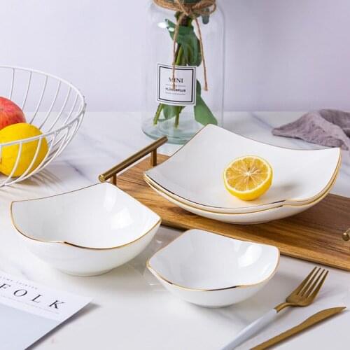 Jingdezhen bone china tableware creative home pure white simple bowl soup bowl salad bowl size edged corner bowl