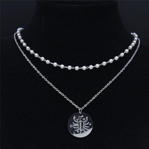 Stainless Steel Pearl 12 Constellations Scorpio Necklace Charm Women Silver Color Astrology Chain Necklace Jewelry N9204S04