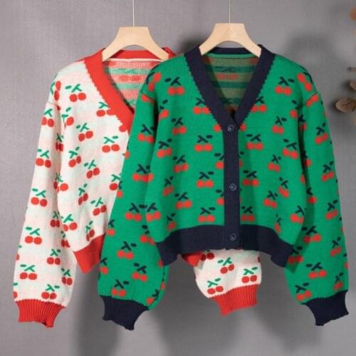 New 2021 Women Autumn Winter Sweaters High Street Casual Fashionable Elegant Cherry Oversize Short Cardigans Vintage Knitwear