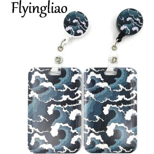 Kanagawa Hokusai Wave Cartoon Retractable Badge Reel Lanyard Nurse ID Business Credit Card Work Card Badge Holder Office Student