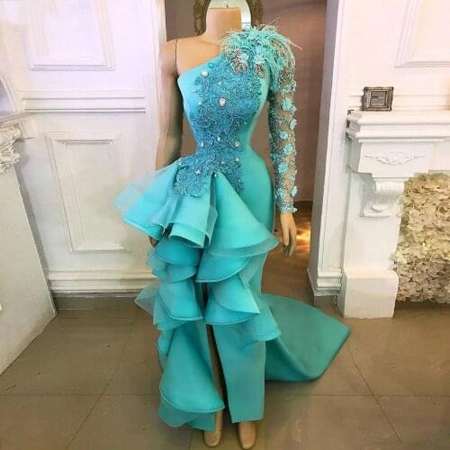 Real Photos Evening Dresses Aqua Beads robe de soiree abiye Evening Dress One Shoulder abendkleider Slit Feather Party Gown