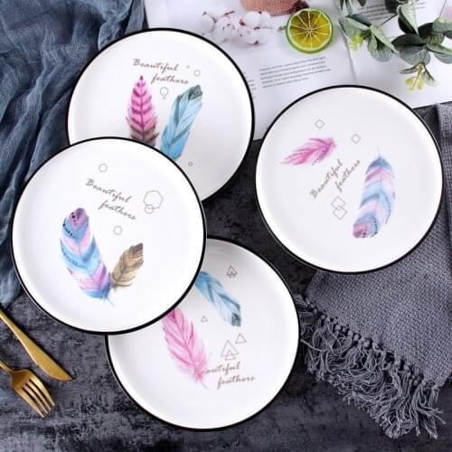 Nordic Romantic Colorful Feather Beefsteak Dinner Plate Set Ceramic Western Food Restaurant Salad Dessert Steak Dish Pizza Tray