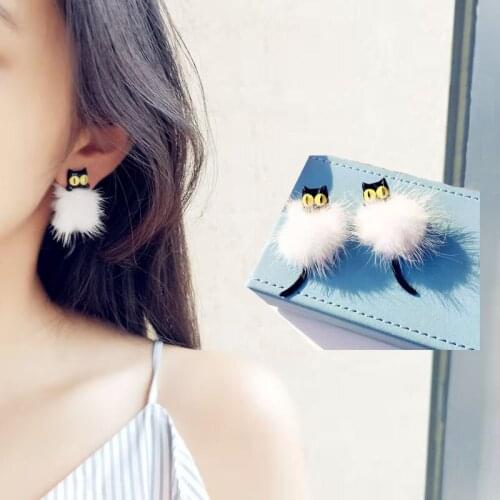 Cute Black Cat Earrings for Women Models Acrylic White Fur Ball Stud Earrings Korean Fashion Winter Jewelry Girls Gift New 2021