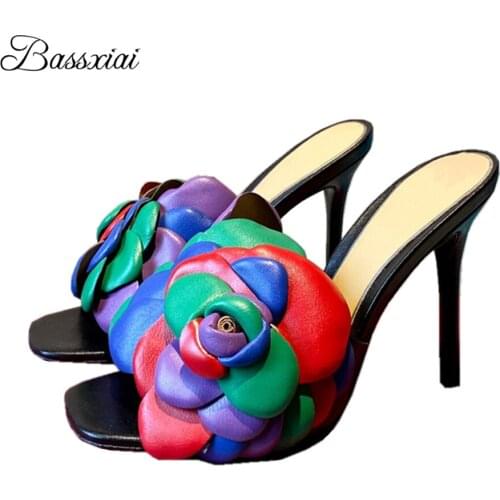 Real Leather Flower Decor Sandals Women Thin High Heels Open Toe Slingbacks Slip-on Lazyman Mules For Girls Lady Summer