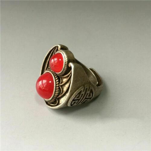 Old Chinese tibet silver inlay red jade handmade bat Ring