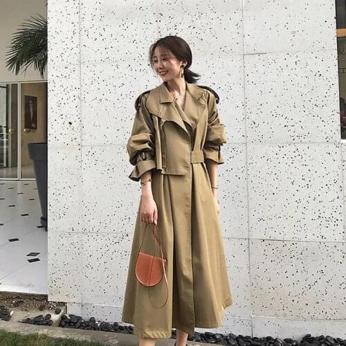Mid-length Khaki Trench Plus Sashes Lace Up Women Loose Casual Autumn 2021 Elegant Lapel Long Sleeve Windbreaker Female Outwear
