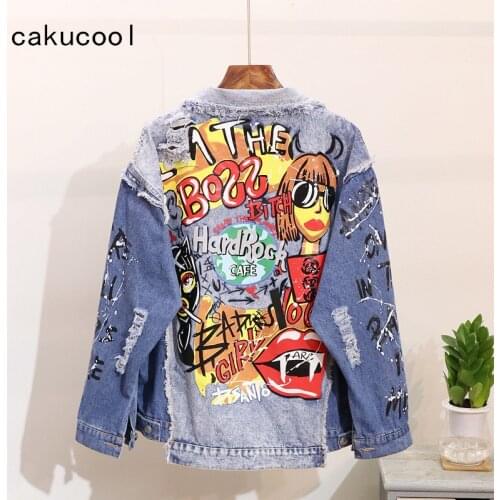 Cakucool 2019 Womens Scrawl Print Casual Denim Coat Blue Ripped Frayed Single Breasted Denim Jackets Outerwear Casacos Feminino