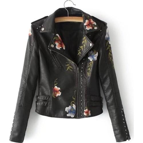2020 Autumn Ladies Flower Embroidery Rivet PU Faux Soft Leather Jacket Women Slim Short Coat Casual Black Motorcycle Jacket H629
