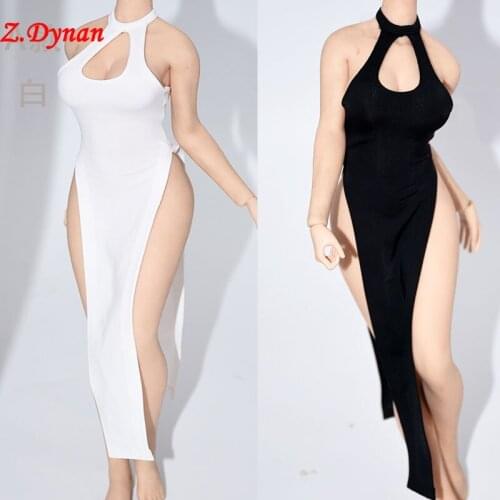 1/6 Scale womens sexy clothing black red leopard halter-neck dress open chest high slit fit 12'' legar breasts action doll