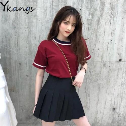 Summer New Loose Knitted T-shirt Pleated Skirt Two-piece Suit Korean Campus Style Womens Tracksuit Casual High Waist Skirt Suit