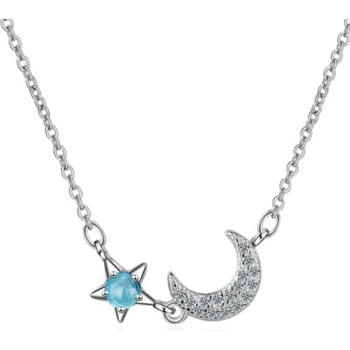 KOFSAC Female Crystal Jewelry Blue Star Shiny Zircon Moon Pendant Necklaces For Women 925 Silver Necklace Engagement Accessories