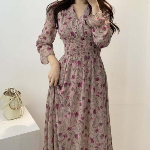 2021 Flower Dress Women Floral Chiffon Vestidos Maxi Vestido Beach Elegant Autumn Pink Korean Long Sleeve V Neck Ropa 15420