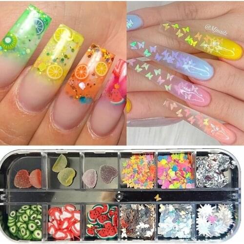 12 Grids/Set Mixed Size Sparkly Fruit Butterfly Nail Sequins Paillette Mixed Colors Nail Holographic Glitter 3D Flakes Slices