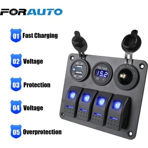 4 Gang Circuit Breaker LED Rocker Switch Panel DC 12V/24V Aluminum Panel Dual USB Port Digital Voltmeter