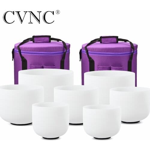 CVNC Perfect Pitch Chakra set of 7 PCS 8"-14" Frosted Quartz Crystal Singing Bowls 432Hz with free 13" and 14" carry bags