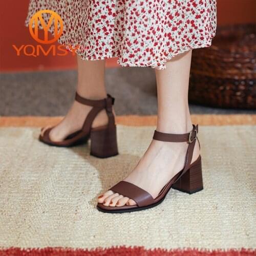 YQMSY Elegant Sandals Women Genuine Leather Square Heel Buckle Strap Concise One Word With Sandals Casual Shopping Shoes AS129