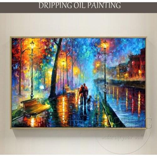 Bright Colors Handmade Abstract Landscape Lover and Dog Walking Oil Painting Abstract Family Lover Oil Painting for Living Room
