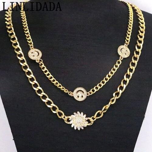 3 Sets, New Fashion Gold-Plated Crystal Pave Smiley Face / Flower Charm Necklace Brass Curb Chain Necklaces for Women Jewelry