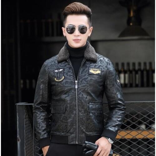 Geniune Leather Bomber Jacket Men Sheepskin Leather Black Camouflage Down Cotton Winter Warm Thick Coat CG16J036MF409