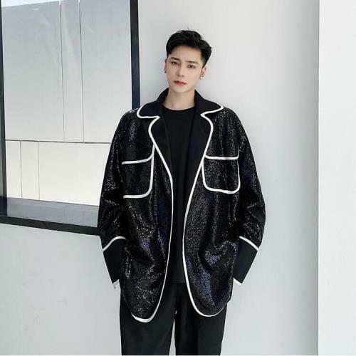 Mens Fashion Lapel Loose Shine Sequins Coats Party Banquet Stage Costume Jacket