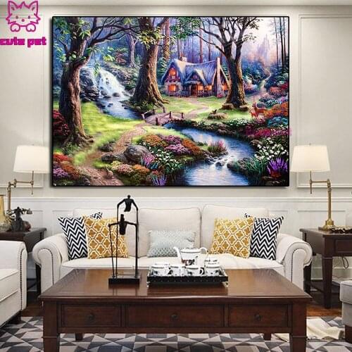 New Full Square Drill Little Creek Water Forest Cabin 5D DIY Diamond Painting Embroidery Cross Stitch Rhinestone Mosaic Decor
