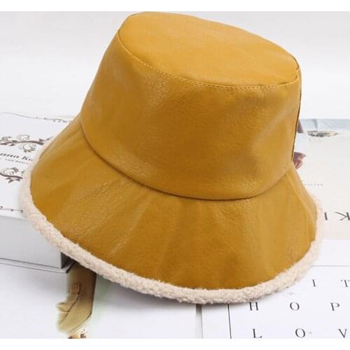 Autumn and Winter Womens Hats Fashion Leather Fisherman Hats Thickened Warmth Foldable Bucket Hats Winter Ladies Panama Hats