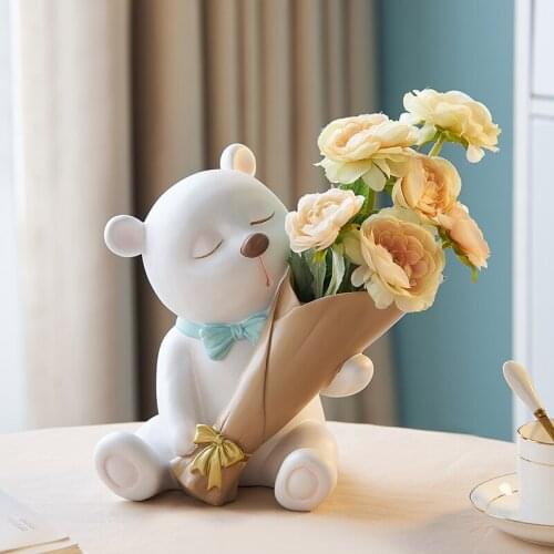 Nordic Bear Sculpture Vase Living Room Flower Arrangement Container Desktop Modern Resin Cute Animal Statue Vase Home Decoration
