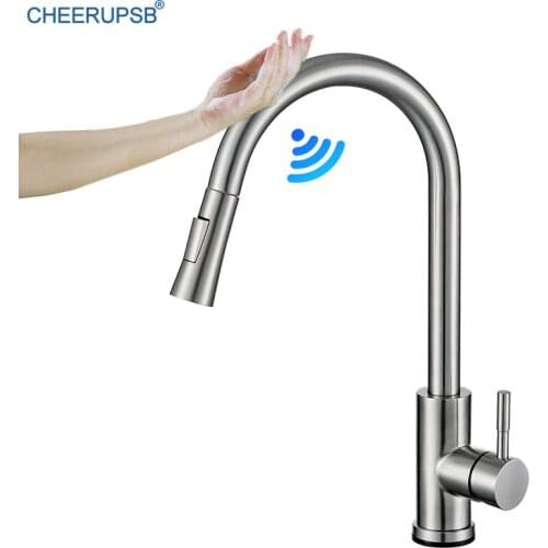 Touch Sensor Faucet Pull Down Kitchen Sink Hot Cold Water Mixer Tap Smart Stainless Steel Faucets Flexible Stream Deck Mount Tap