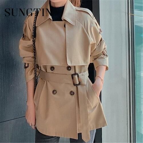 Sungtin Vintage Korean Sashes Women Solid Long Trench Coat Elegant Classic Female Casual Loose Windbreaker Belt Outwear Office
