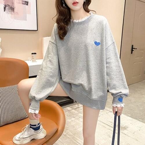 Harajuku Long Sleeve Sweatshirts Women Spring Autumn Plus Size Lace Splice Loose Casual Pullover Female New Tops Clothes Bluzy