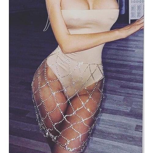 Stonefans Sparkly Full Rhinestone Plaid Mini Skirts Hollow Out for Women Luxury Sexy Handmade Waist Chain Belt with Leg Garter