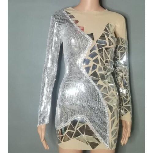 Women Sexy Silver Sequins Mirror Transparent Mesh Dress Singer Dancer Bar Stage Wear Wedding Birthday Party See Through Outfit