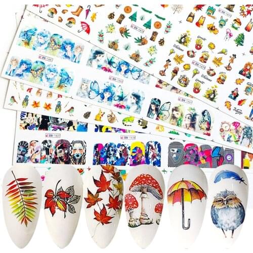 12pcs Nail Slider Water Colorful Mixed Butterfly/Maple leaf Design Transfer Tattoo Cartoon Nails Manicure Decals Polish Sticker