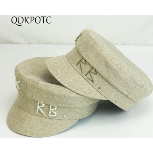 2021 Cap Autumn Winter New Women Hemp Material Military Hats Fashion Pearls Embroidery Flat Top Outdoor Casual Berets QDKPOTC