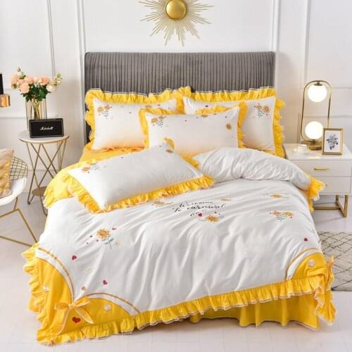 2021 new products 4Pcs All cotton embroidery bedding sets queen king size duvet cover set bed skirt set pillowcase bedclothes