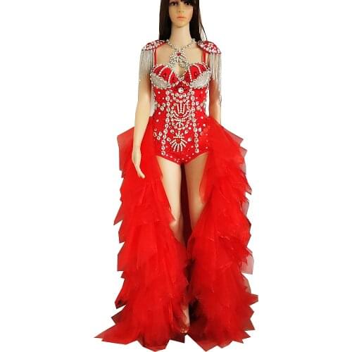 Sparkly Rhinestones Skinny Bodysuits Silver Chain Fringe Women Jumpsuits Red Voile Tailing Bar Party Show Performance Stage Wear