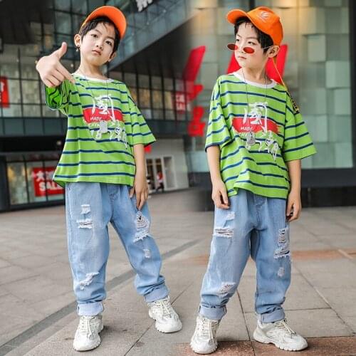 Boys Hip Hop Dance Costumes For Kids Loose T-Shirt Jeans Jazz Modern Dance Clothes Performance Stage Outfits Street Wear SL3781