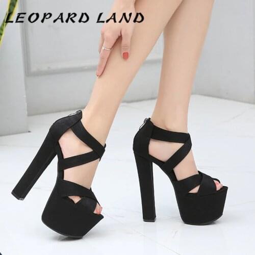 LEOPARD LAND 17Cm Stage Catwalk Shoes Super High Heel Coarse Heel Sandals Zipper Black High Heels Female Summer ZYW