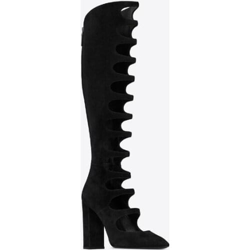 Carpaton 2018 Summer Ladies round toe thick heel back zipper long boots front hollow roman shoes high heel cool sandals black