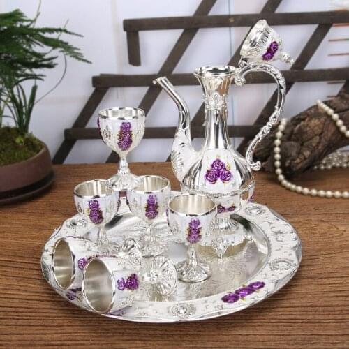 Metal Wine Set/tea set, fashion zinc alloy wine set 1 set= 1 plate+ 1 pot +6 cups