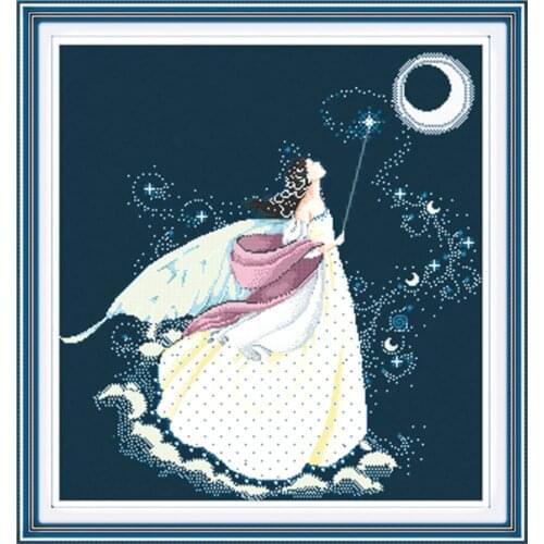 Beauty moon fairy cross stitch kits 14ct 11ct black deep blue flaxen canvas cotton thread beads embroidery DIY needlework craft