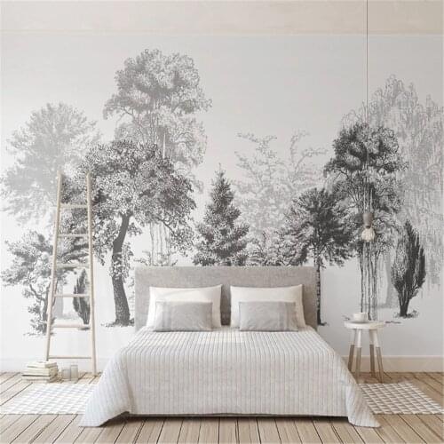 Milofi custom mural wallpaper simple black and white sketch style abstract wood TV background wall decoration painting
