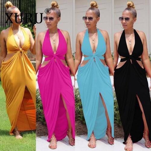 XURU European and American Sexy Womens Dress Deep V Slit Open Waist Dress Solid Color Hanging Neck Black Blue Big Swing Dress