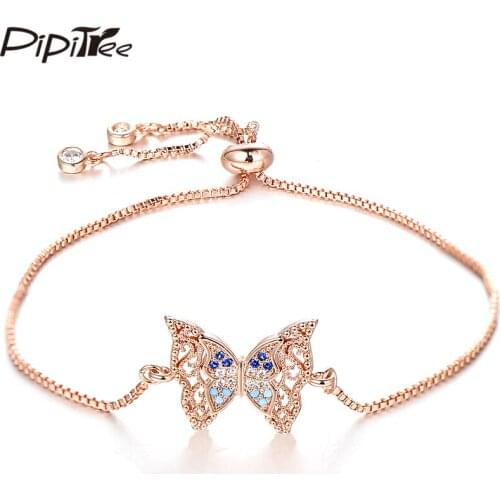 Pipitree Gorgeous Hollow Butterfly Bracelet Femme Cubic Zirconia Rose Gold Color Adjustable Chain Women Charm Bracelets Jewelry