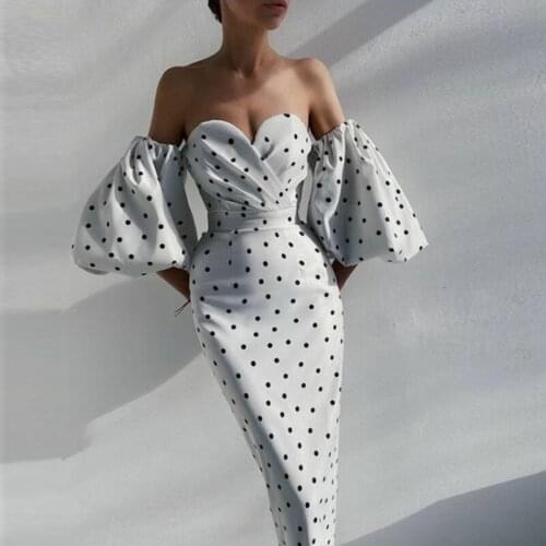 FUFUCAILLM Women Retro Polka Dot Party Dress Elegant Fashion Off shoulder Puff Sleeves Female Pencil Dress Ladies Vestido