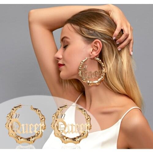 Exaggerated Round Bamboo Big ear Hoop Earrings English letters Queen queen Earrings trend ladies earrings