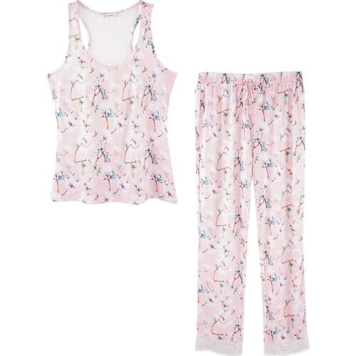 Sleeveless Loose Round Neck Tank Tops Full Length Drawstring Loose Floral Print Womens Pajamas Sets two Pieces Pajamas Spring