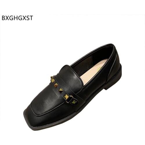 Black Leather Shoes Women Low Heels Slip on Shoes for Women 2021 Block Heels Square Toe Heels Loafers Luxury Brand Shoes Woman